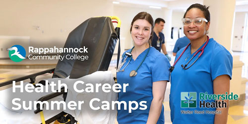 Two healthcare workers in blue scrubs smiling in a hospital hallway next to a patient transport chair, with text promoting Rappahannock Community College Health Career Summer Camps and Riverside Health.
